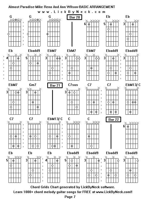 Chord Grids Chart of chord melody fingerstyle guitar song-Almost Paradise-Mike Reno And Ann Wilson-BASIC ARRANGEMENT,generated by LickByNeck software.